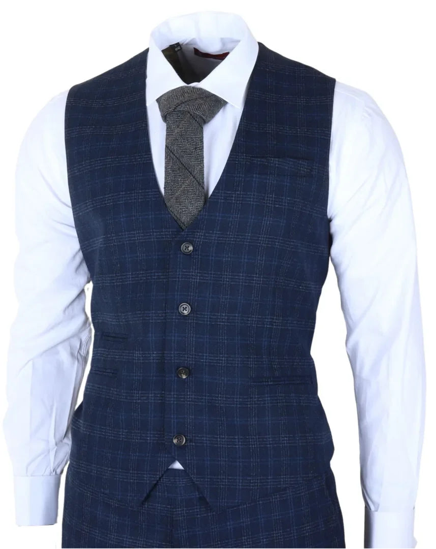 Marcos - Terno masculino de 3 peças, corte slim, xadrez azul marinho.