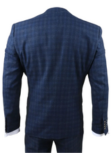 Marcos - Terno masculino de 3 peças, corte slim, xadrez azul marinho.