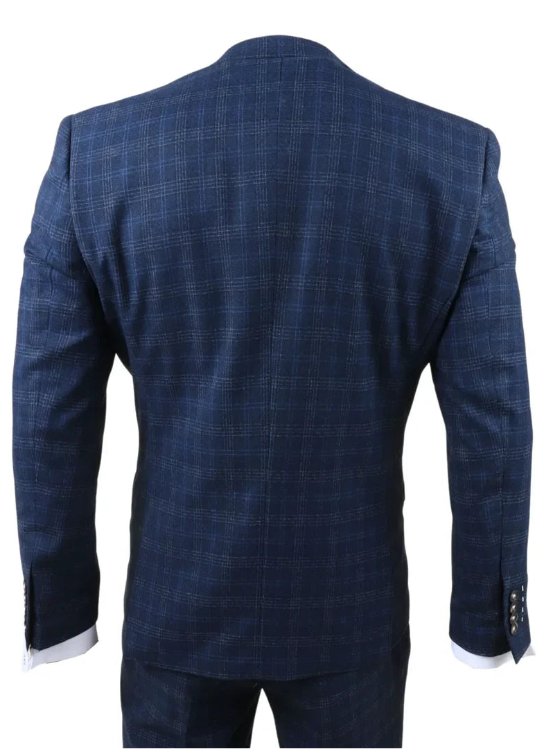 Marcos - Terno masculino de 3 peças, corte slim, xadrez azul marinho.