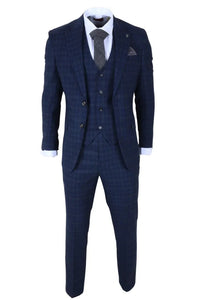 Marcos - Terno masculino de 3 peças, corte slim, xadrez azul marinho.