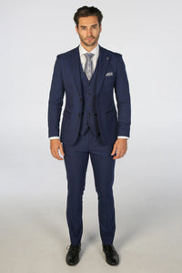 Mark - Terno masculino azul-marinho de três peças com estampa xadrez e corte sob medida.