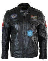 Jaqueta masculina Aviatrix em couro legítimo, preta, com zíper, design de emblema, estilo piloto americano, casual.