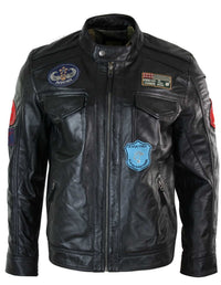 Jaqueta masculina Aviatrix em couro legítimo, preta, com zíper, design de emblema, estilo piloto americano, casual.