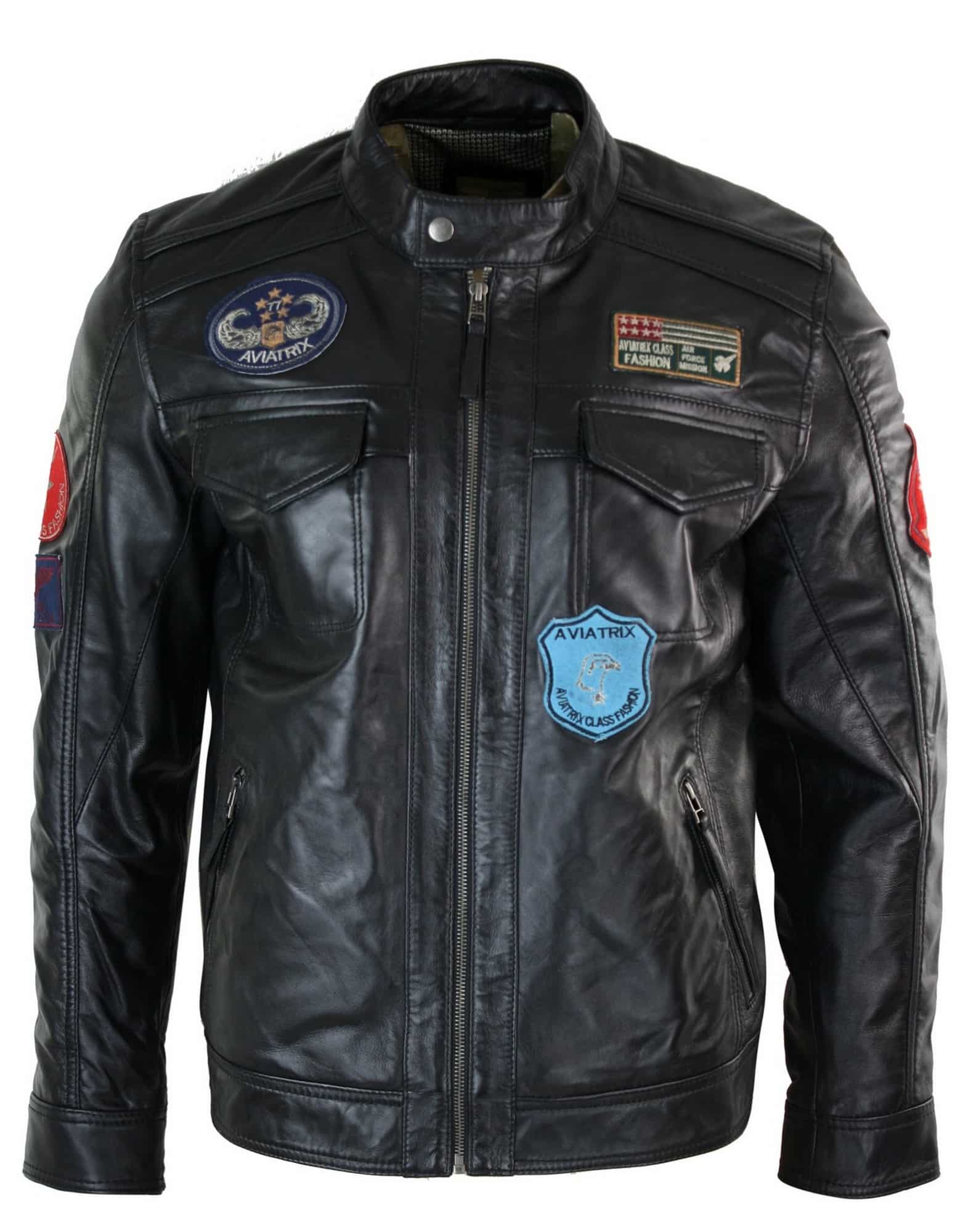 Jaqueta masculina Aviatrix em couro legítimo, preta, com zíper, design de emblema, estilo piloto americano, casual.