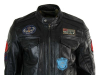 Jaqueta masculina Aviatrix em couro legítimo, preta, com zíper, design de emblema, estilo piloto americano, casual.