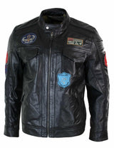 Jaqueta masculina Aviatrix em couro legítimo, preta, com zíper, design de emblema, estilo piloto americano, casual.