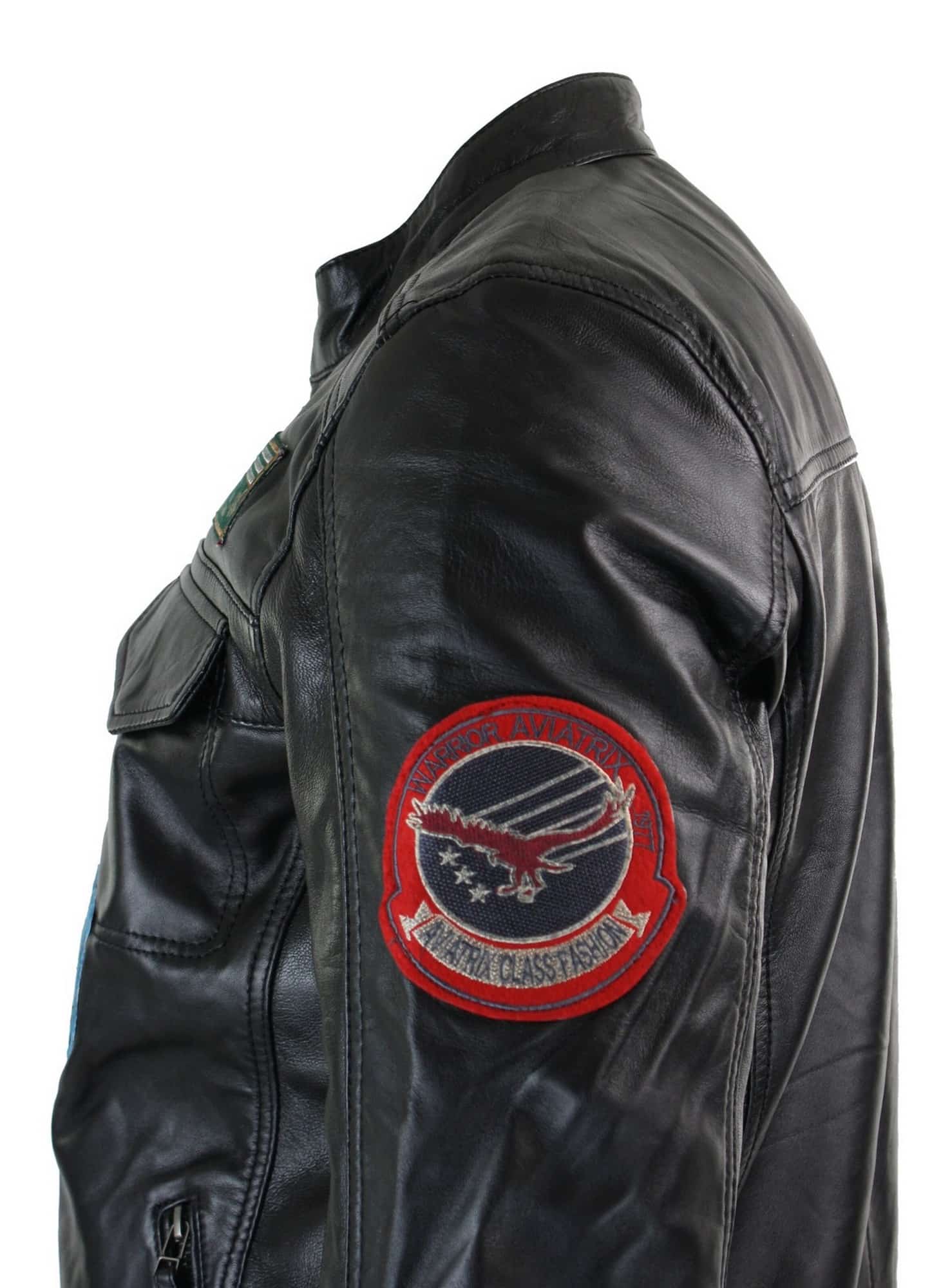 Jaqueta masculina Aviatrix em couro legítimo, preta, com zíper, design de emblema, estilo piloto americano, casual.