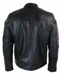 Jaqueta masculina Aviatrix em couro legítimo, preta, com zíper, design de emblema, estilo piloto americano, casual.