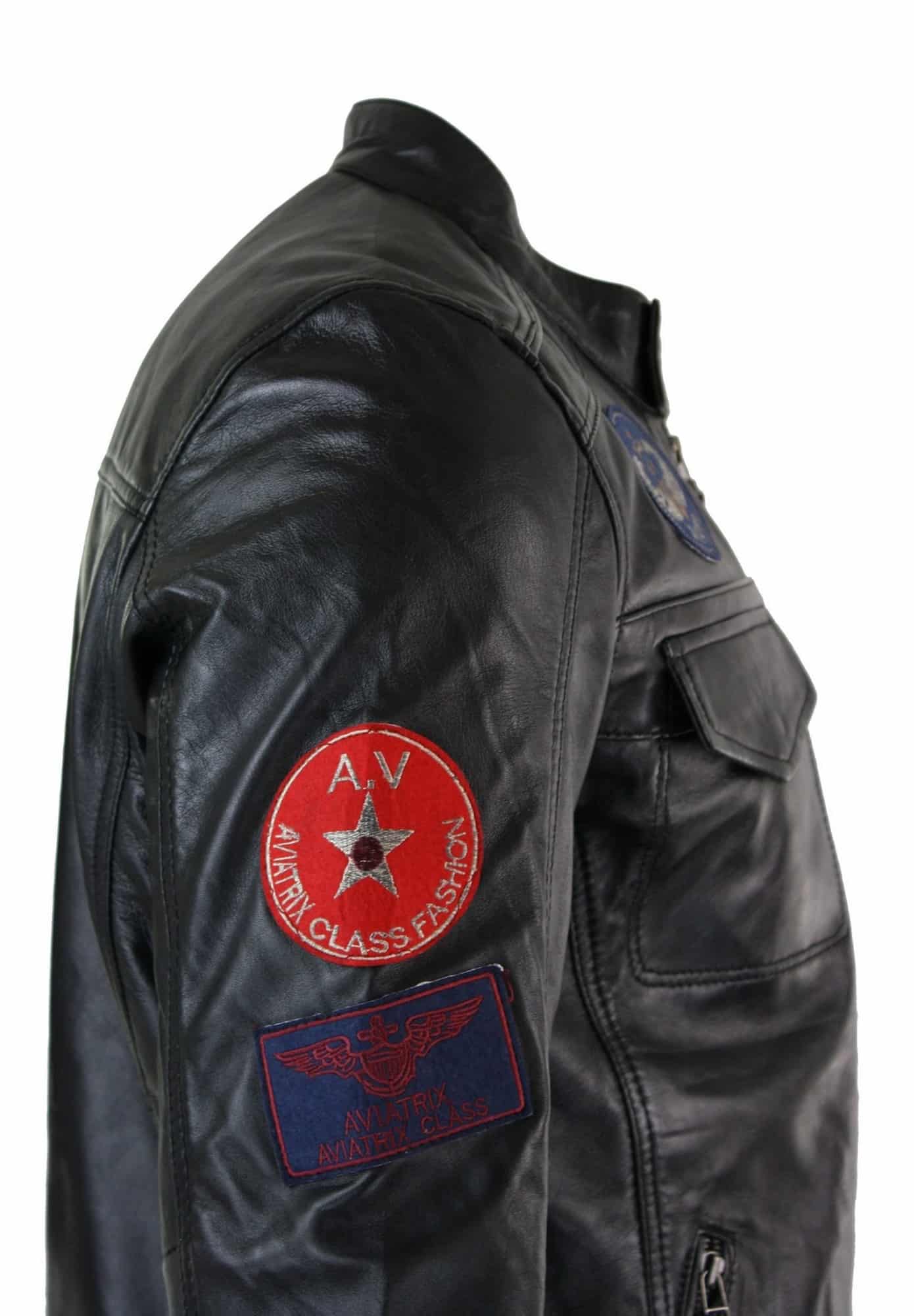 Jaqueta masculina Aviatrix em couro legítimo, preta, com zíper, design de emblema, estilo piloto americano, casual.