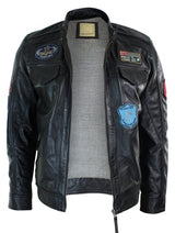 Jaqueta masculina Aviatrix em couro legítimo, preta, com zíper, design de emblema, estilo piloto americano, casual.