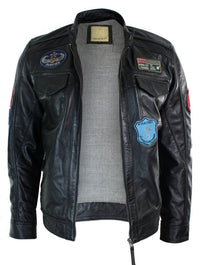 Jaqueta masculina Aviatrix em couro legítimo, preta, com zíper, design de emblema, estilo piloto americano, casual.