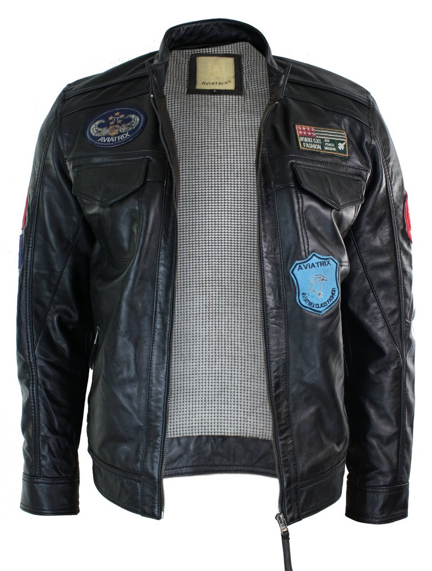 Jaqueta masculina Aviatrix em couro legítimo, preta, com zíper, design de emblema, estilo piloto americano, casual.