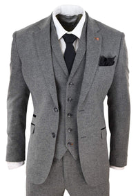 Terno masculino de 3 peças em tweed espinha de peixe cinza escuro