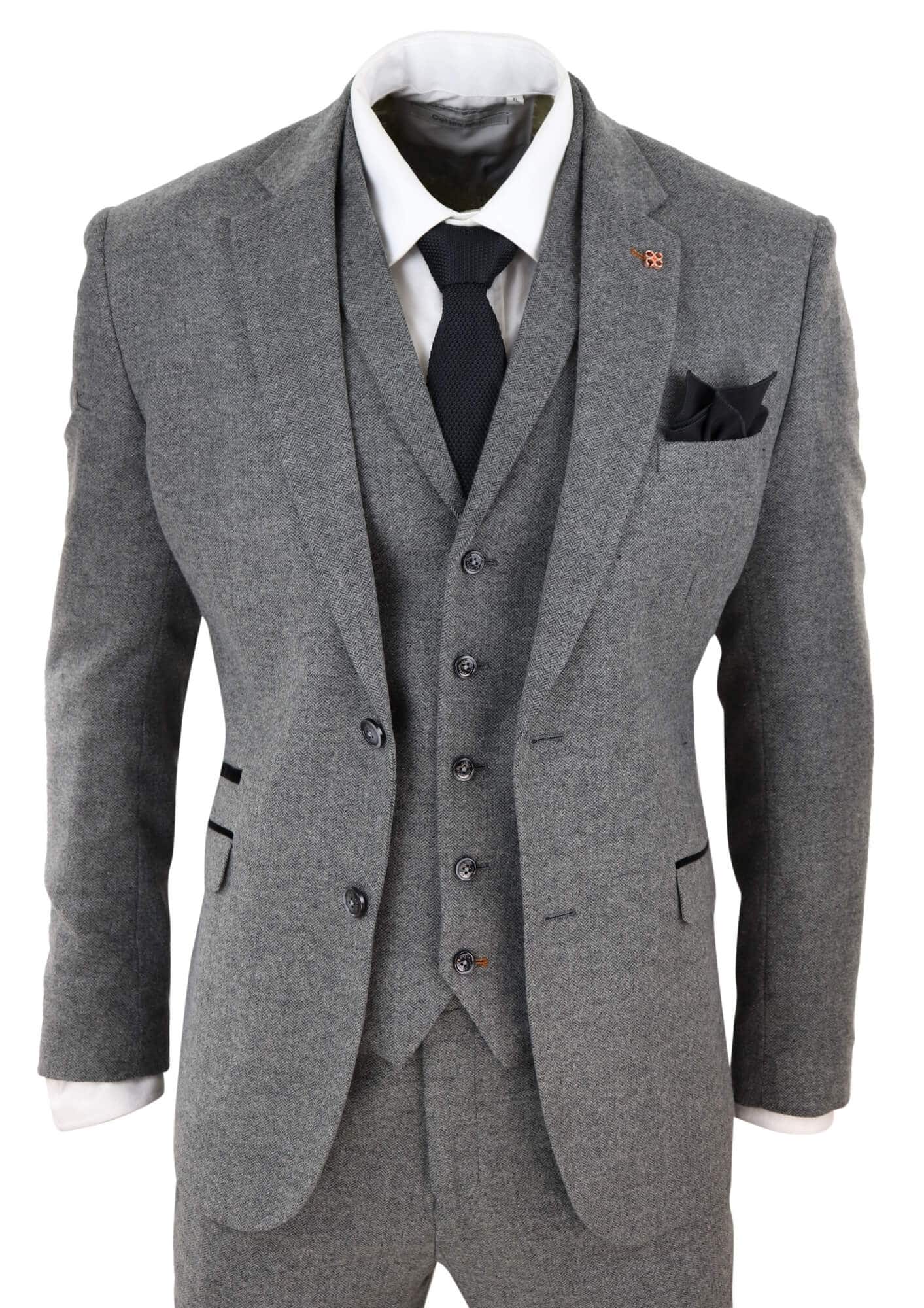 Terno masculino de 3 peças em tweed espinha de peixe cinza escuro