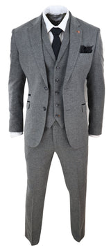 Terno masculino de 3 peças em tweed espinha de peixe cinza escuro