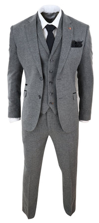 Terno masculino de 3 peças em tweed espinha de peixe cinza escuro