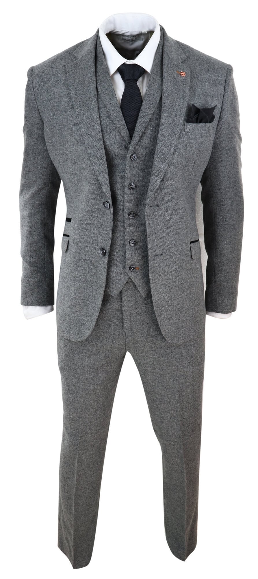 Terno masculino de 3 peças em tweed espinha de peixe cinza escuro