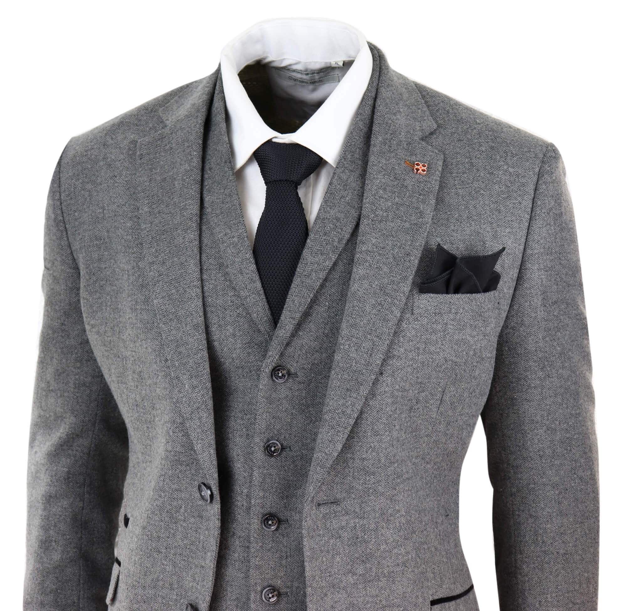 Terno masculino de 3 peças em tweed espinha de peixe cinza escuro