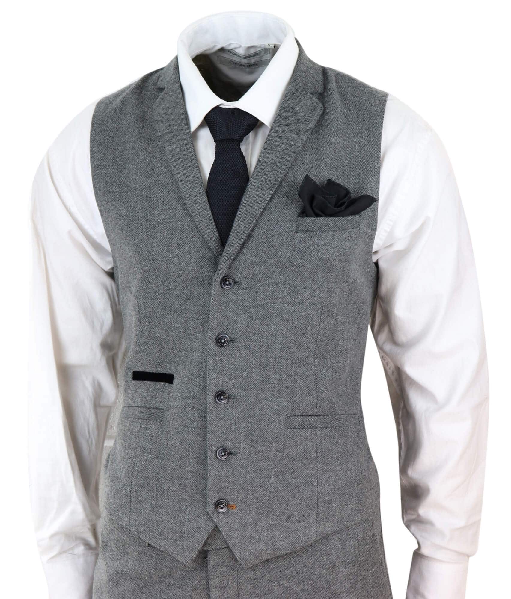 Terno masculino de 3 peças em tweed espinha de peixe cinza escuro