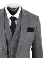Terno masculino de 3 peças em tweed espinha de peixe cinza escuro