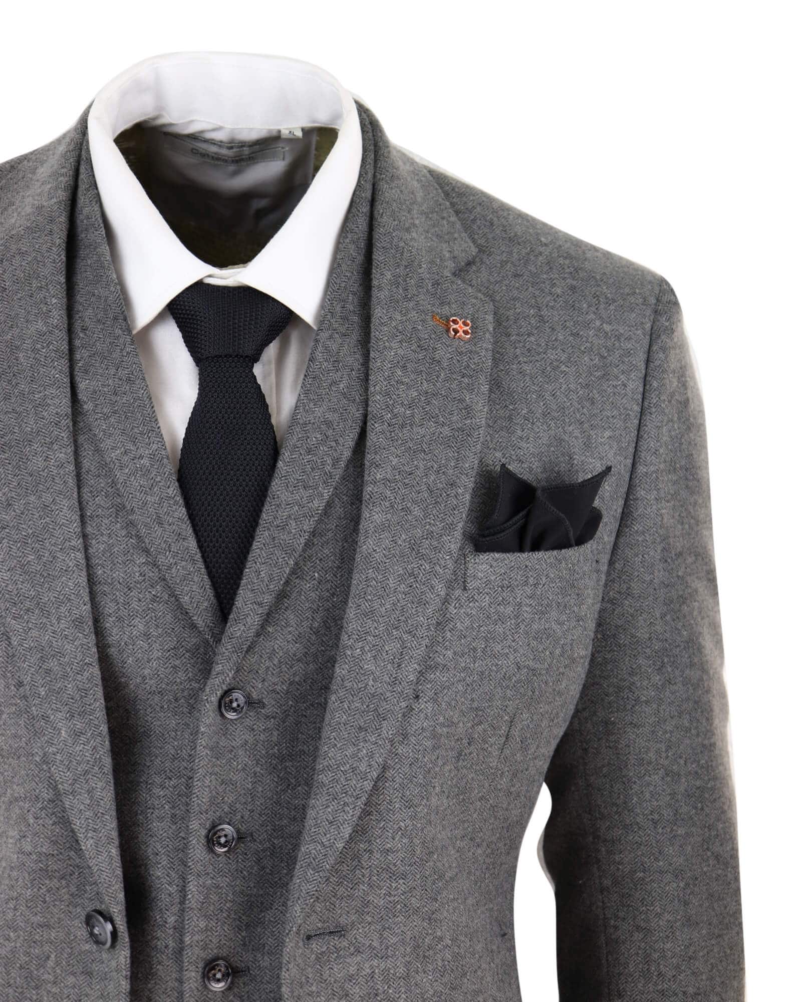 Terno masculino de 3 peças em tweed espinha de peixe cinza escuro