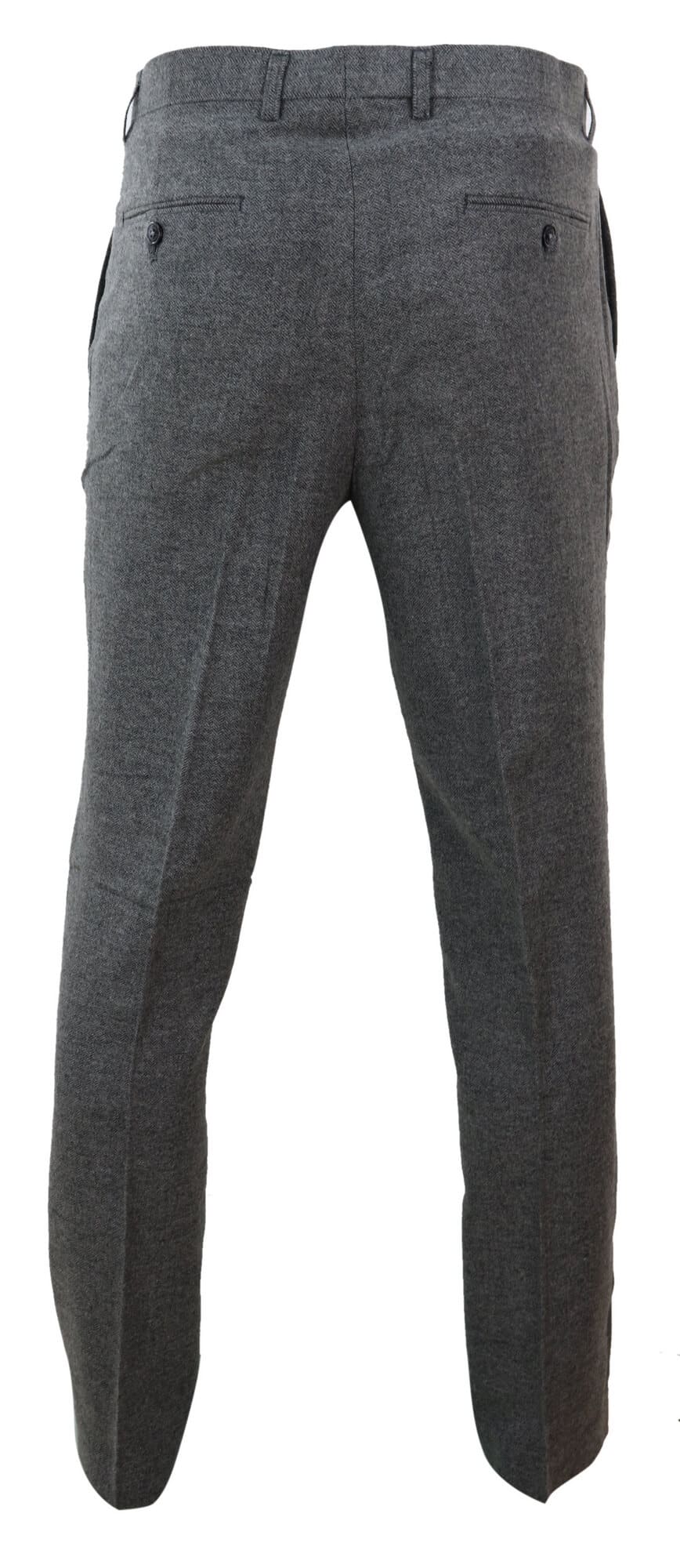 Calças masculinas em tweed espinha de peixe cinza escuro