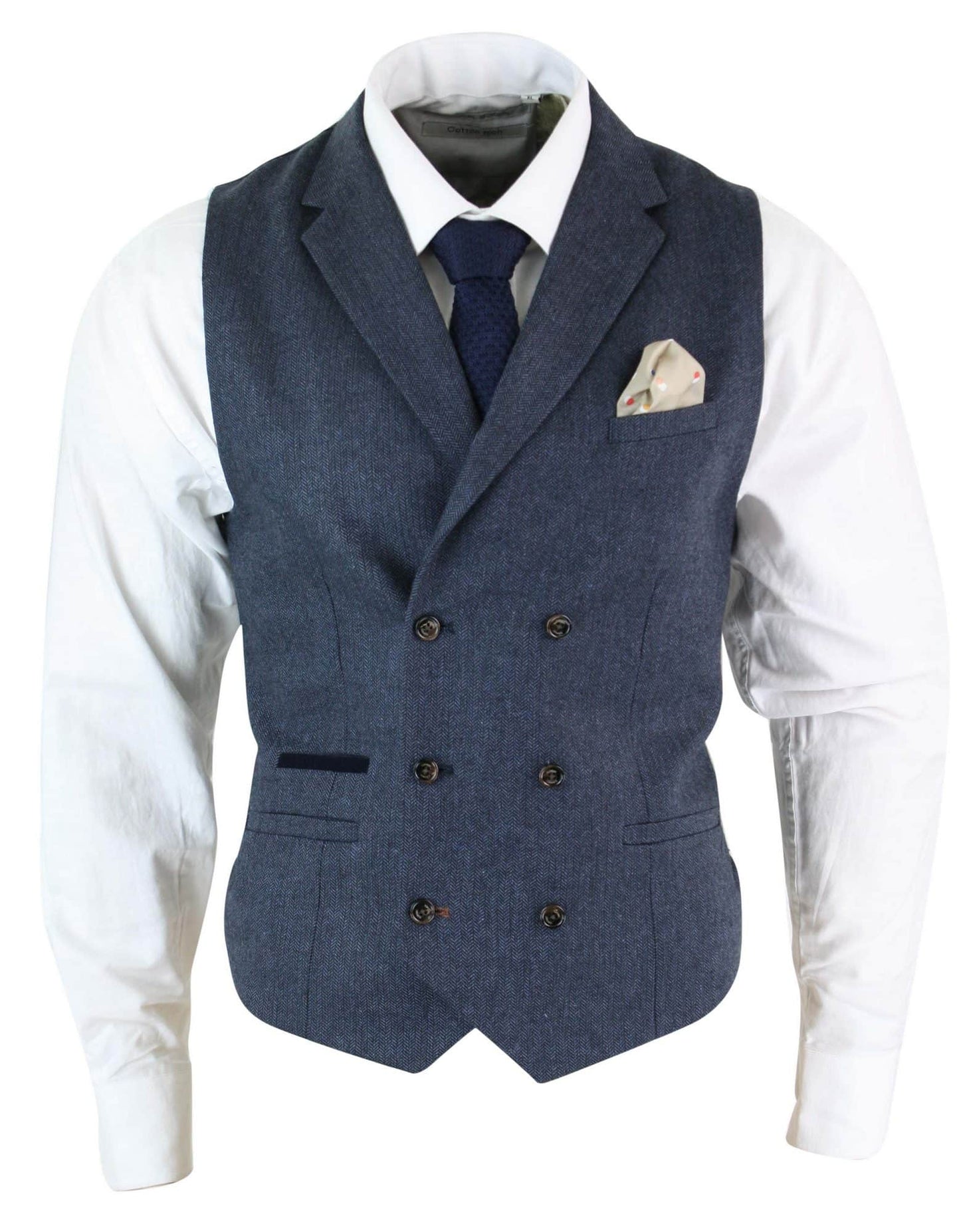 Cavani Martez - Colete masculino clássico de tweed espinha de peixe estilo Gatsby Peaky Blinders com abotoamento duplo - Azul