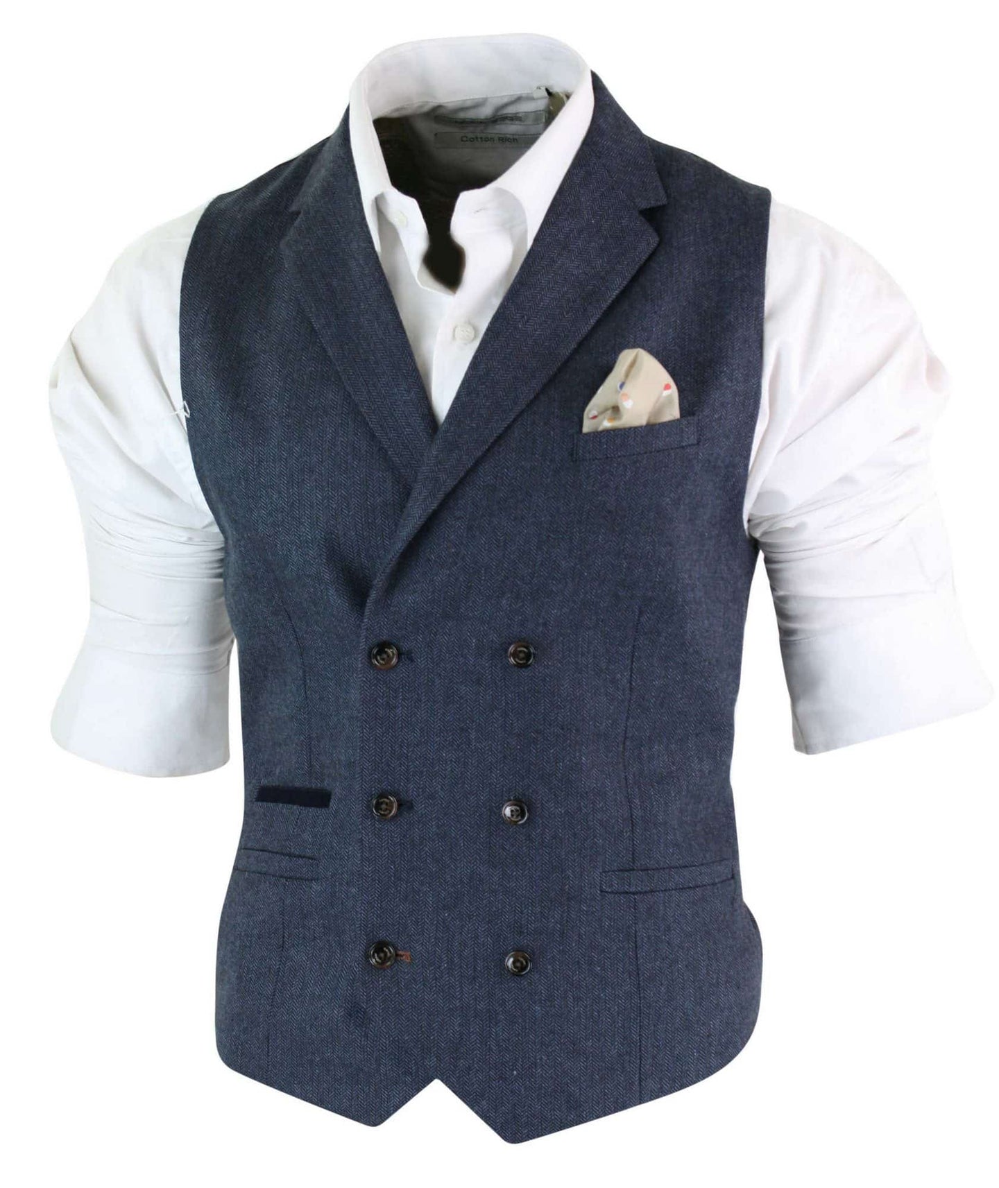 Cavani Martez - Colete masculino clássico de tweed espinha de peixe estilo Gatsby Peaky Blinders com abotoamento duplo - Azul