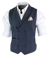 Cavani Martez - Colete masculino clássico de tweed espinha de peixe estilo Gatsby Peaky Blinders com abotoamento duplo - Azul