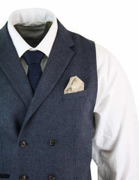 Cavani Martez - Colete masculino clássico de tweed espinha de peixe estilo Gatsby Peaky Blinders com abotoamento duplo - Azul