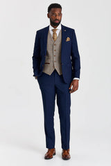 Terno Mayfair azul-marinho texturizado com colete contrastante em tweed marrom Harris.