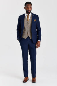 Terno Mayfair azul-marinho texturizado com colete contrastante em tweed marrom Harris.