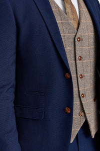 Terno Mayfair azul-marinho texturizado com colete contrastante em tweed marrom Harris.