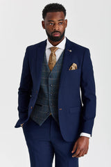Terno Mayfair azul-marinho texturizado com colete Harris em tweed contrastante azul-marinho.