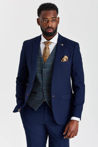 Terno Mayfair azul-marinho texturizado com colete Harris em tweed contrastante azul-marinho.