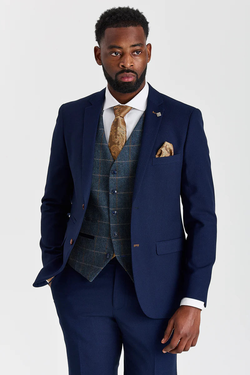 Terno Mayfair azul-marinho texturizado com colete Harris em tweed contrastante azul-marinho.