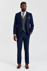 Terno Mayfair azul-marinho texturizado com colete Harris em tweed contrastante azul-marinho.
