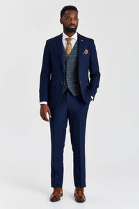 Terno Mayfair azul-marinho texturizado com colete Harris em tweed contrastante azul-marinho.