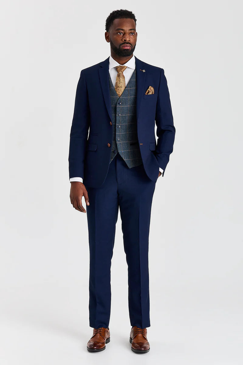 Terno Mayfair azul-marinho texturizado com colete Harris em tweed contrastante azul-marinho.