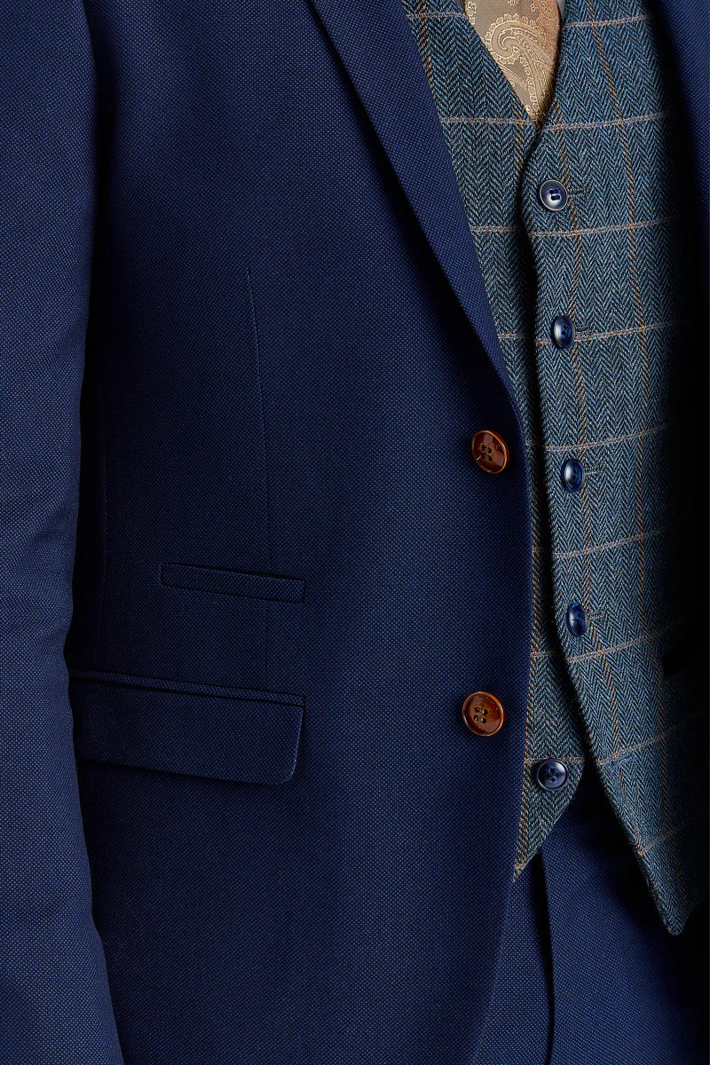 Terno Mayfair azul-marinho texturizado com colete Harris em tweed contrastante azul-marinho.