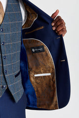 Terno Mayfair azul-marinho texturizado com colete Harris em tweed contrastante azul-marinho.