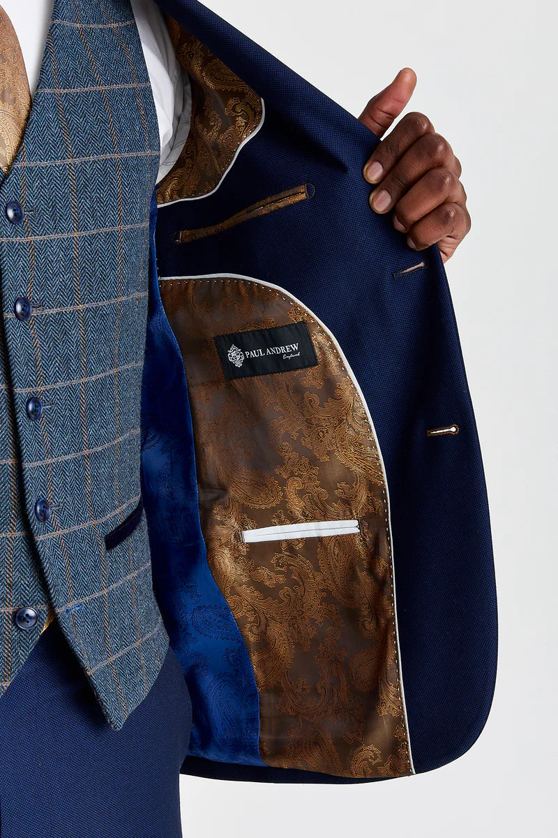 Terno Mayfair azul-marinho texturizado com colete Harris em tweed contrastante azul-marinho.