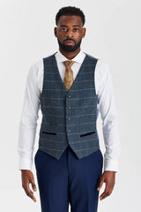 Terno Mayfair azul-marinho texturizado com colete Harris em tweed contrastante azul-marinho.