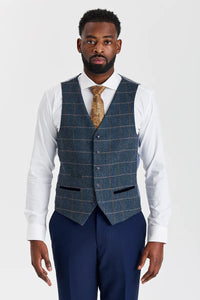 Terno Mayfair azul-marinho texturizado com colete Harris em tweed contrastante azul-marinho.