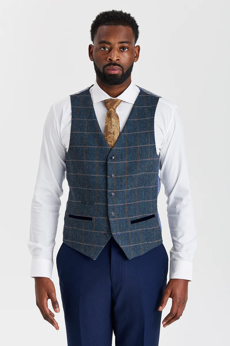 Terno Mayfair azul-marinho texturizado com colete Harris em tweed contrastante azul-marinho.