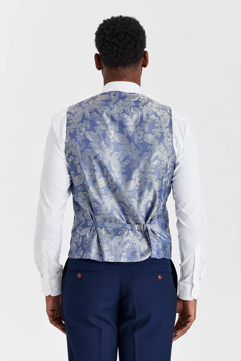 Terno Mayfair azul-marinho texturizado com colete Harris em tweed contrastante azul-marinho.