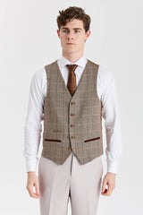 Terno Mayfair Stone com textura e colete Harris Brown Tweed.