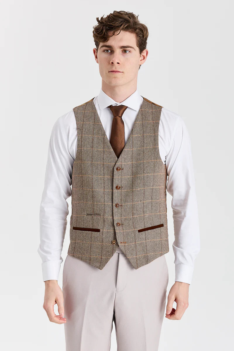 Terno Mayfair Stone com textura e colete Harris Brown Tweed.