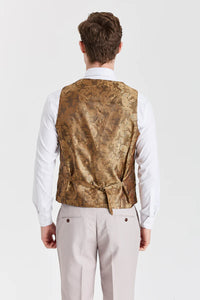 Terno Mayfair Stone com textura e colete Harris Brown Tweed.