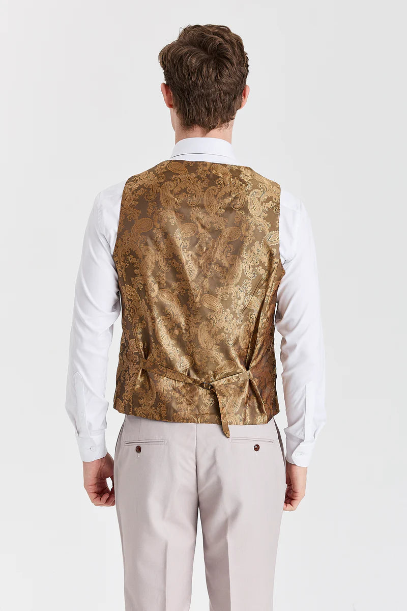 Terno Mayfair Stone com textura e colete Harris Brown Tweed.